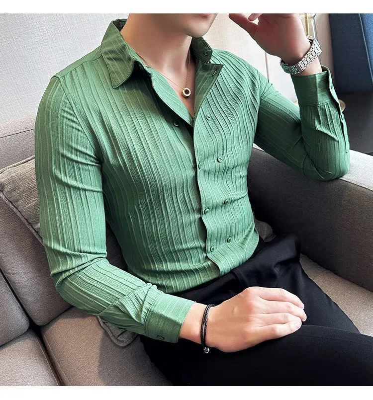 Aidase Men's Solid Color Long-Sleeved Shirt Fashionable Elegant Double-Breasted Ball Nightclub Tops Striped Lapel Shirt