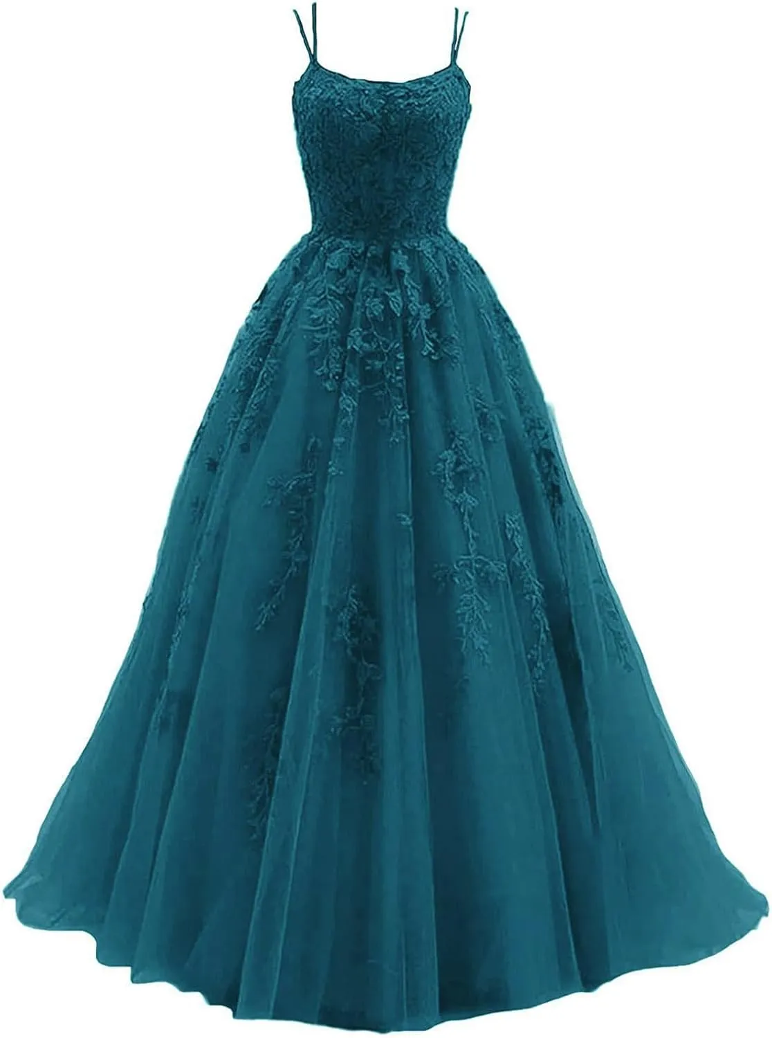 kamahe Women's Lace Appliques Prom Dresses Long Spaghetti Strap Ball Gowns Tulle Formal Dress for Party