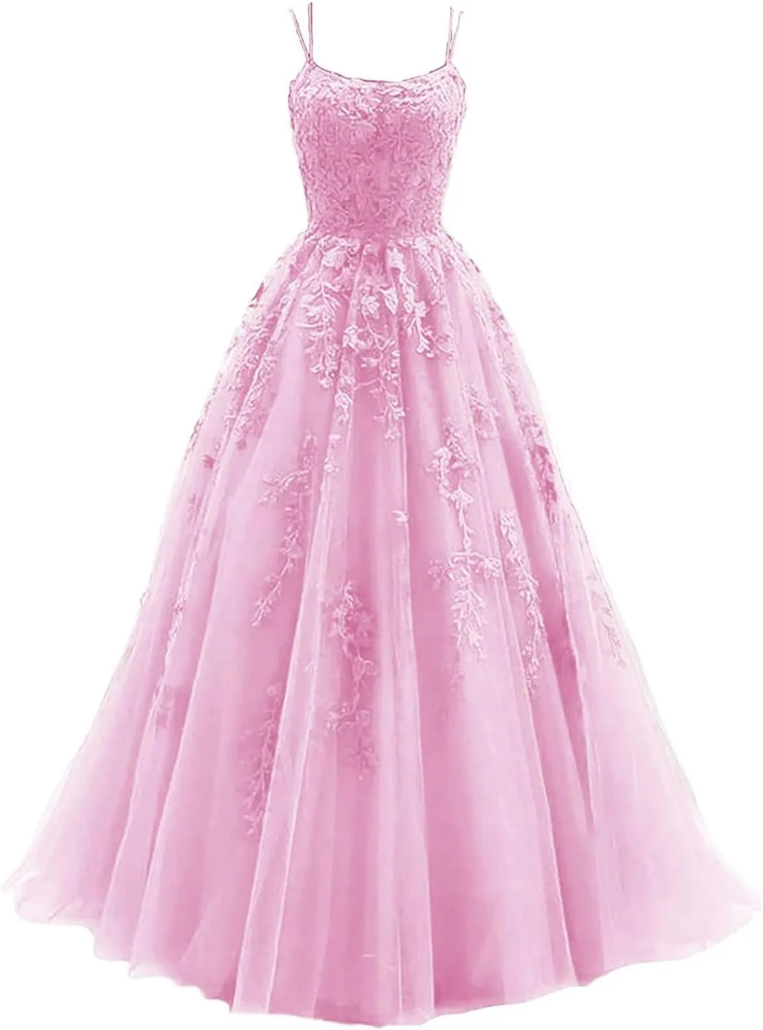 kamahe Women's Lace Appliques Prom Dresses Long Spaghetti Strap Ball Gowns Tulle Formal Dress for Party